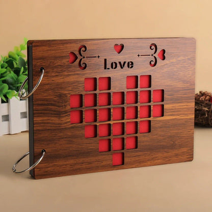 Handmade wooden photo album with customizable loose-leaf pages, 18 unique designs available