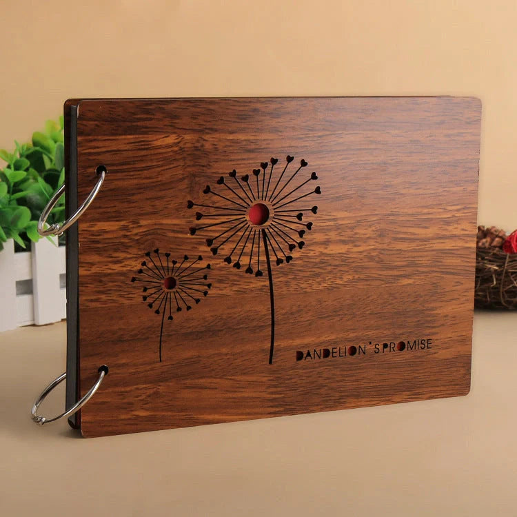 Handmade wooden photo album with customizable loose-leaf pages, 18 unique designs available