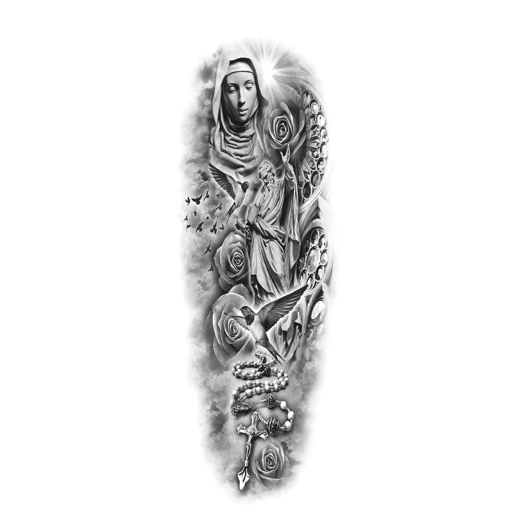 Large arm sleeve temporary tattoo sticker featuring angel wings and pigeon Jesus design