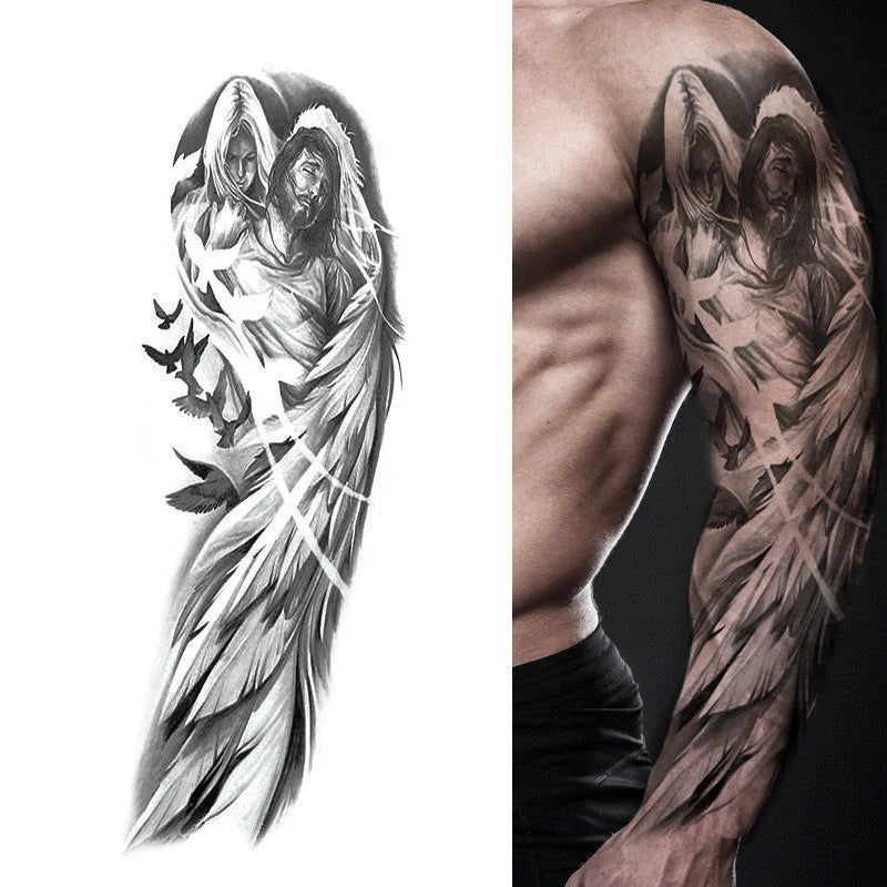 Large arm sleeve temporary tattoo sticker featuring angel wings and pigeon Jesus design