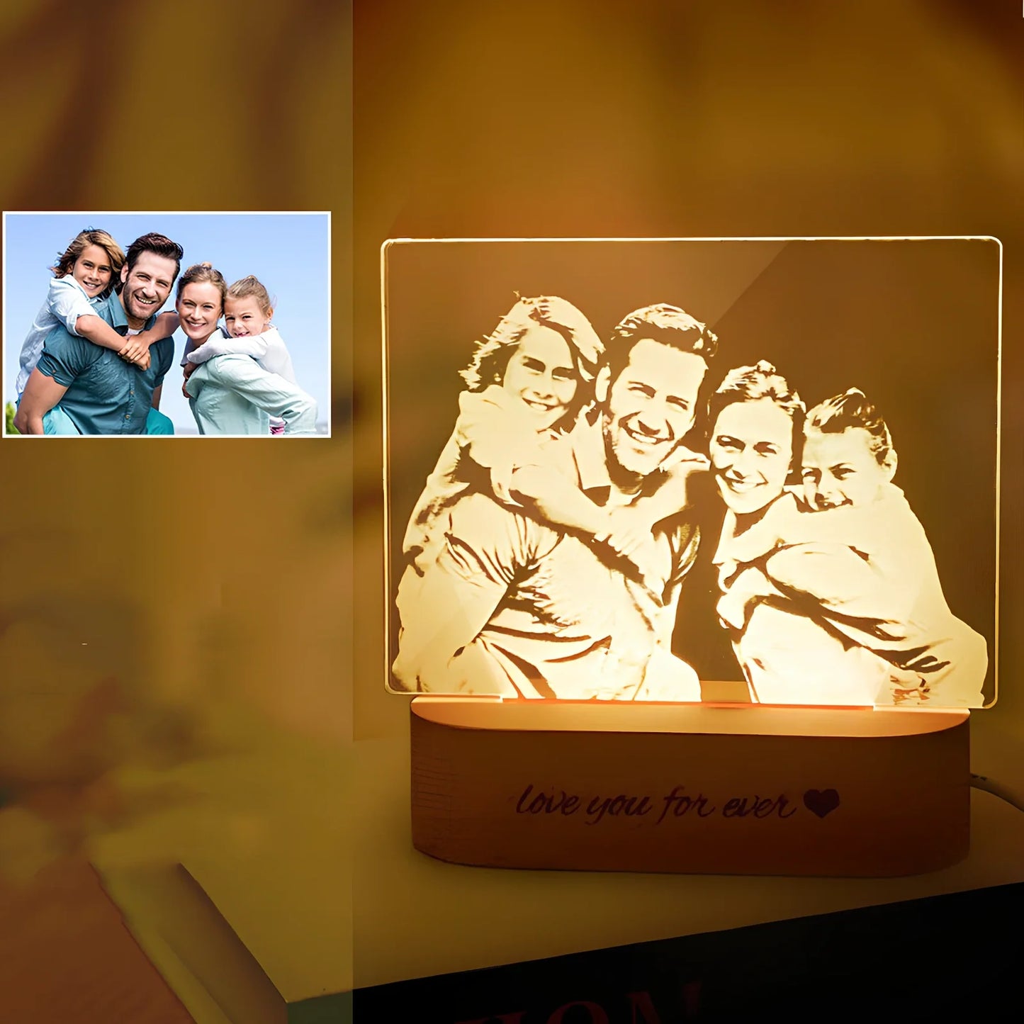 Custom 3D stereo night light displaying personalised portrait with LED illumination through acrylic casing