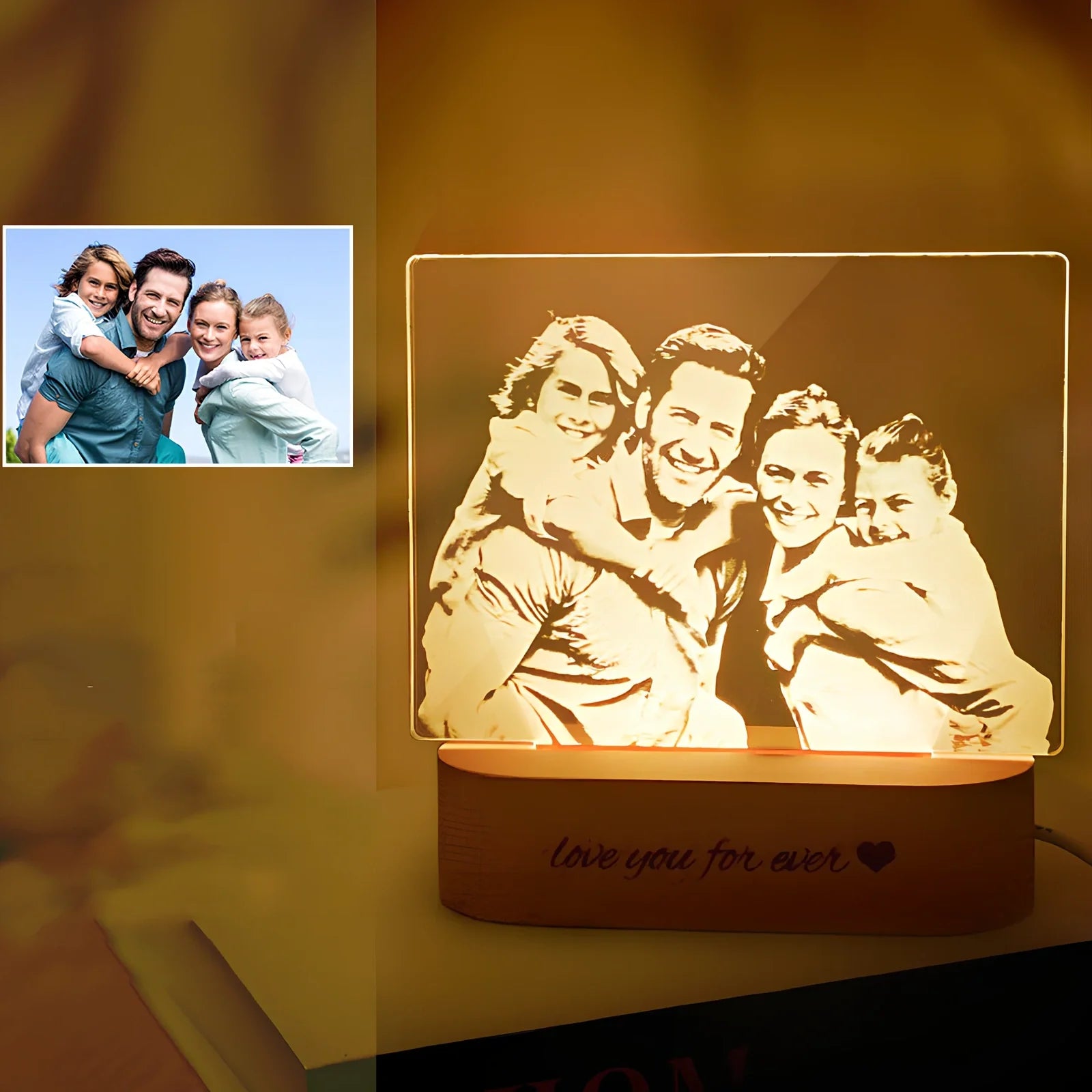 Custom 3D stereo night light displaying personalised portrait with LED illumination through acrylic casing
