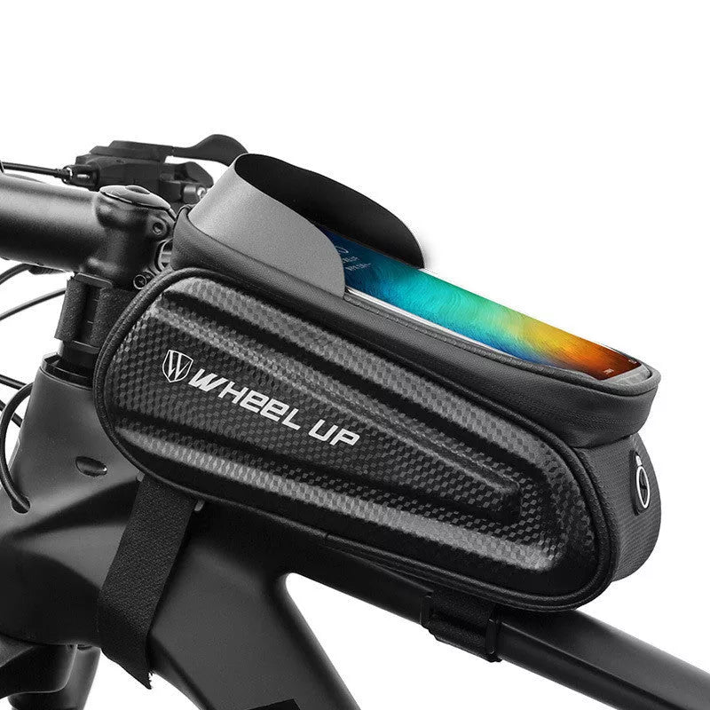 Hard shell bicycle front beam bag with touch screen for mobile phones, waterproof and secure attachment