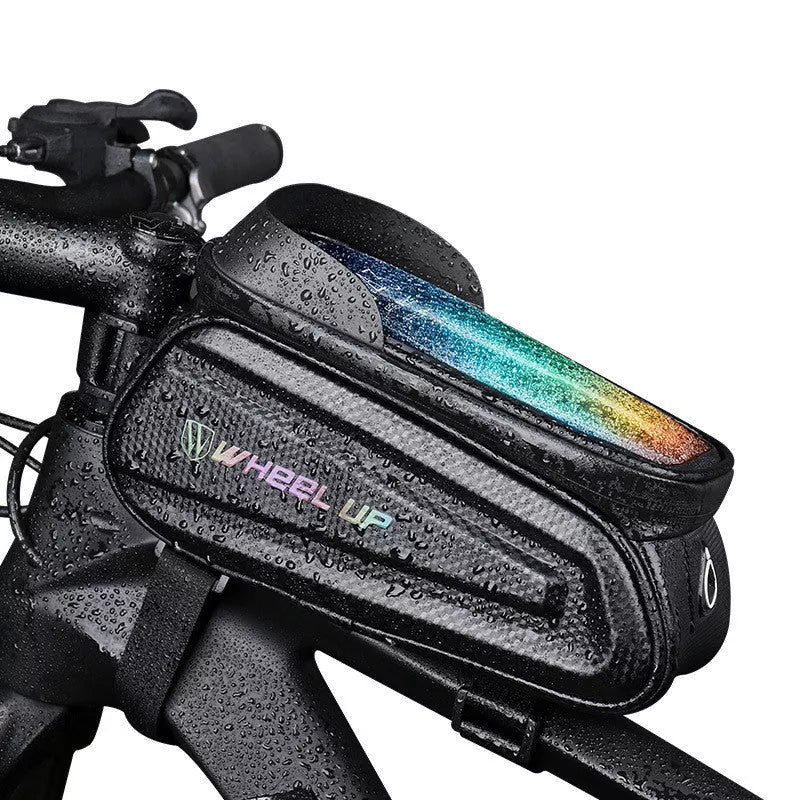 Hard shell bicycle front beam bag with touch screen for mobile phones, waterproof and secure attachment