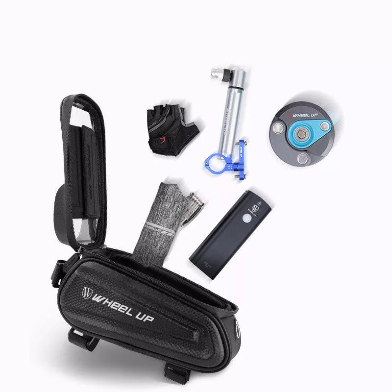 Hard shell bicycle front beam bag with touch screen for mobile phones, waterproof and secure attachment