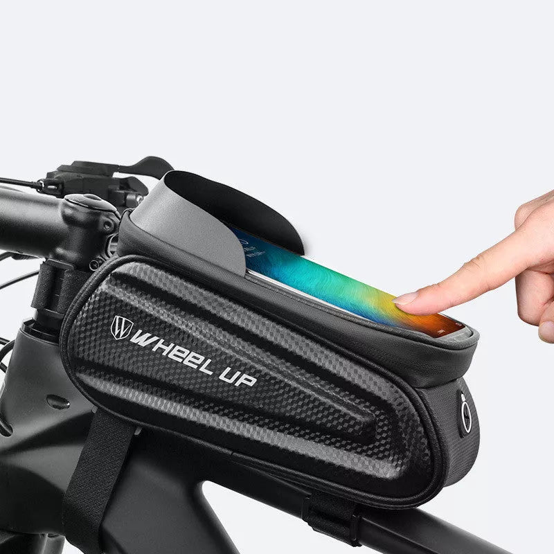 Hard shell bicycle front beam bag with touch screen for mobile phones, waterproof and secure attachment