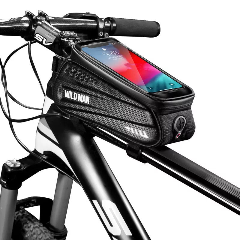 Hard shell bicycle front beam bag with touch screen for mobile phones, waterproof and secure attachment