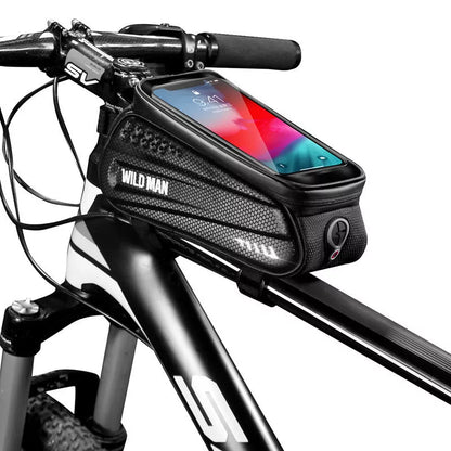 Hard shell bicycle front beam bag with touch screen for mobile phones, waterproof and secure attachment