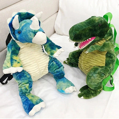 3D dinosaur plush backpack for kids in blue, red, brown, and green