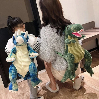 3D dinosaur plush backpack for kids in blue, red, brown, and green