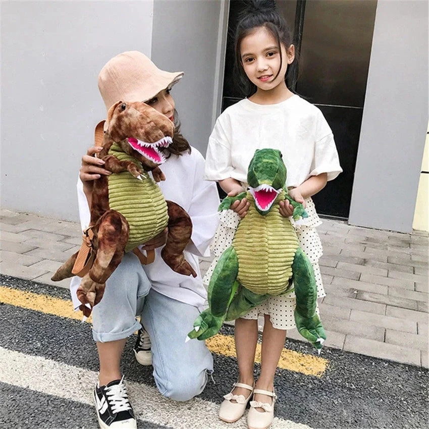 3D dinosaur plush backpack for kids in blue, red, brown, and green