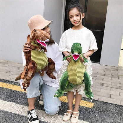 3D dinosaur plush backpack for kids in blue, red, brown, and green