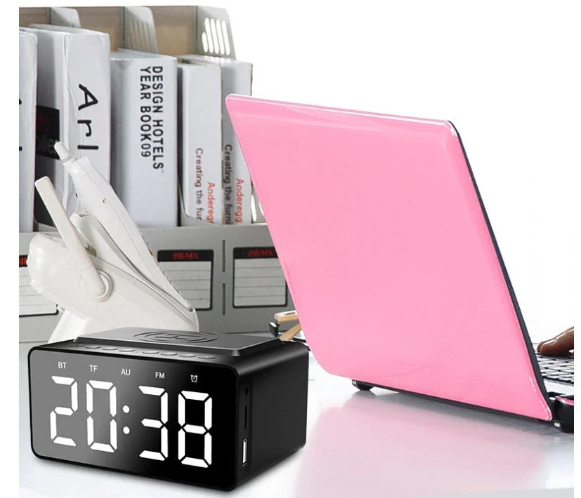 Wireless Charging Bluetooth Alarm Clock with LED Display, Portable Digital Clock, Bluetooth Speaker, and Wireless Charging Pad