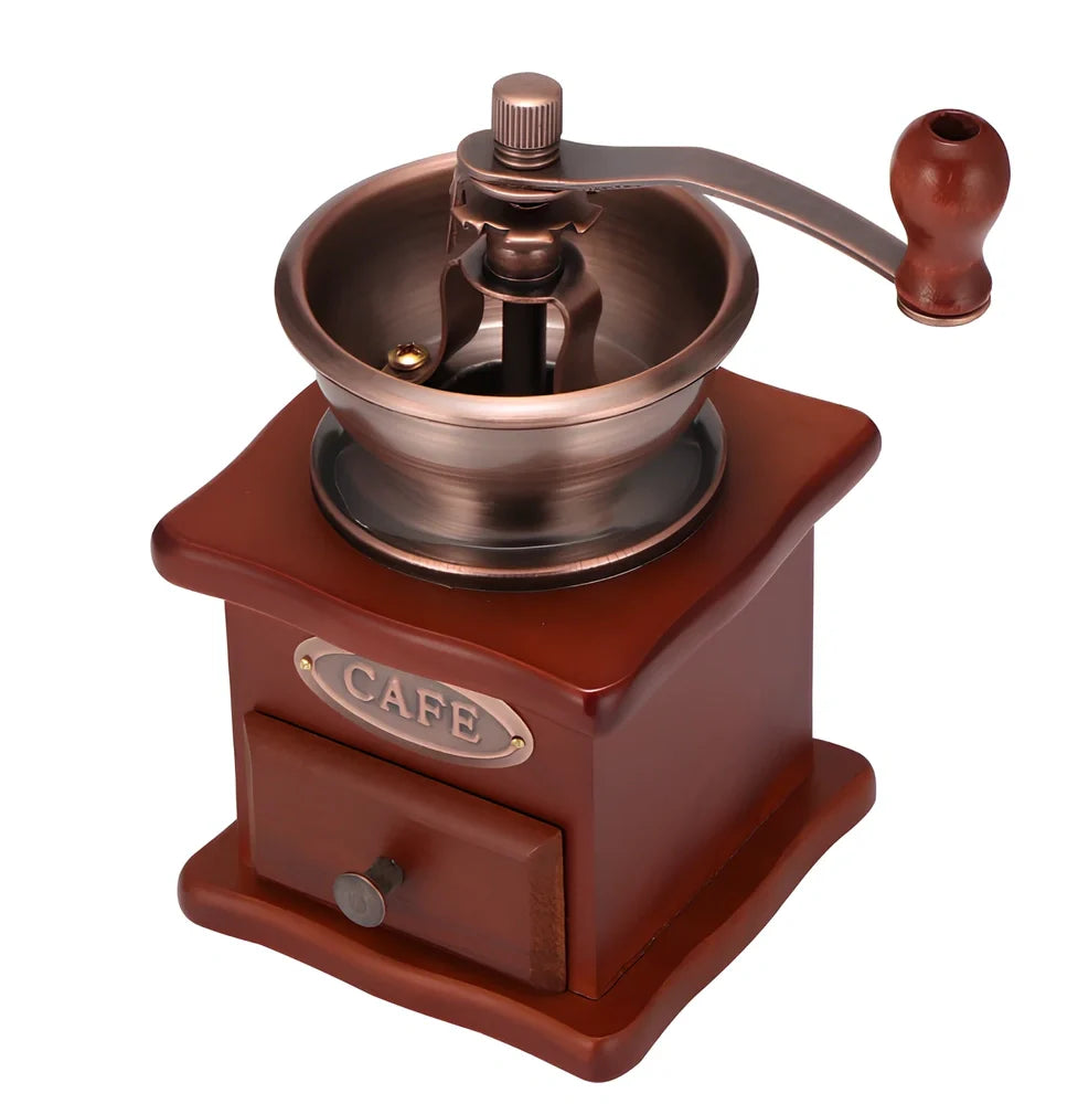 Red manual coffee grinder with pine wood housing and ceramic burrs measuring 10x10x17cm