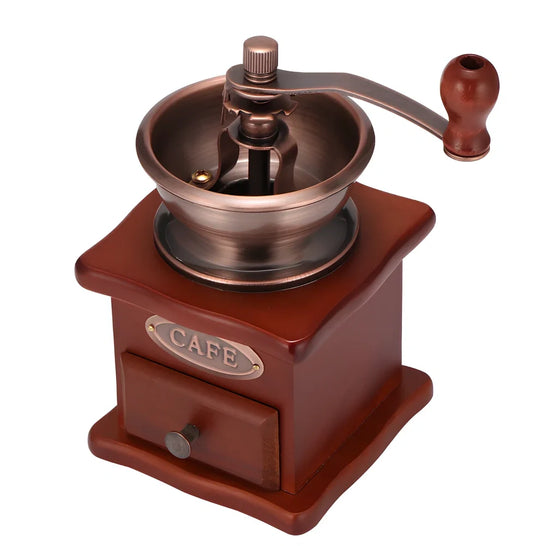 Red manual coffee grinder with pine wood housing and ceramic burrs measuring 10x10x17cm