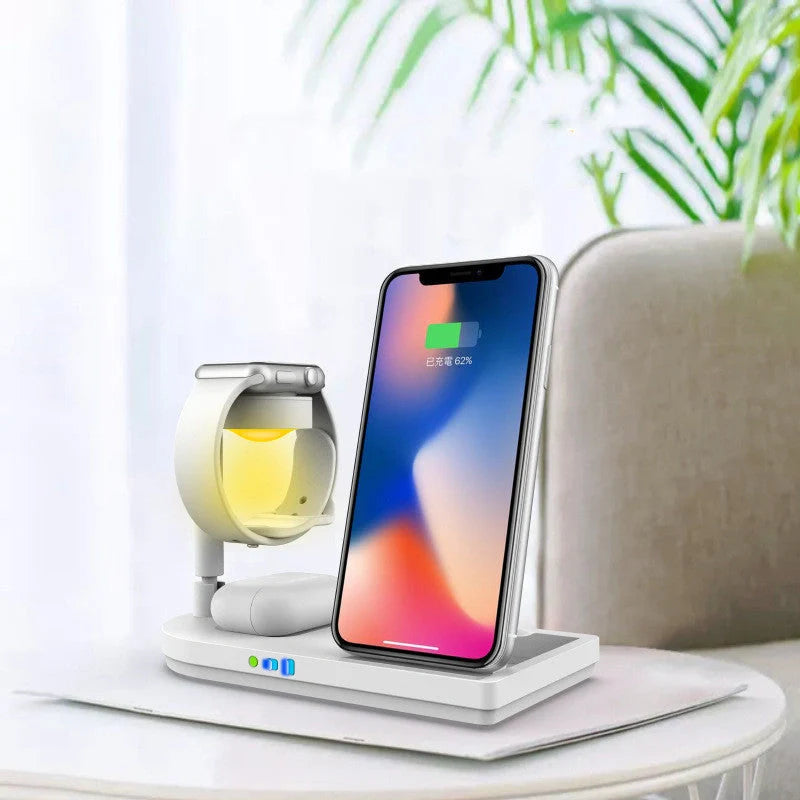 Multi-function wireless charger dock for Apple devices with adjustable stand and built-in light