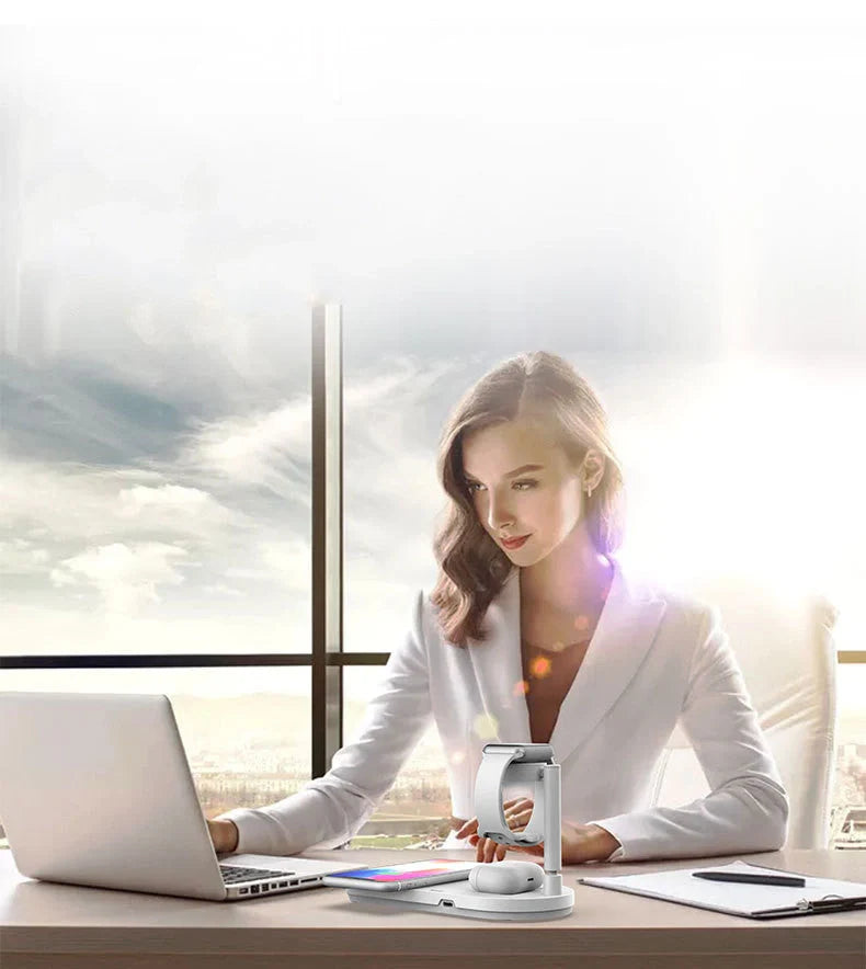 Multi-function wireless charger dock for Apple devices with adjustable stand and built-in light