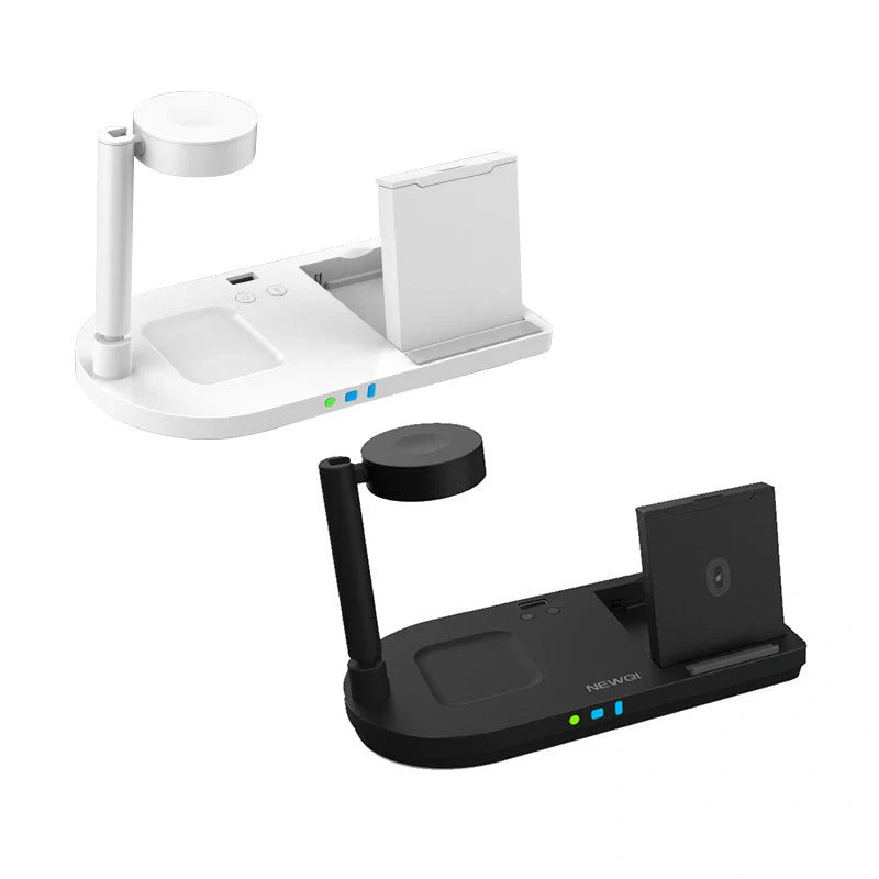 Multi-function wireless charger dock for Apple devices with adjustable stand and built-in light