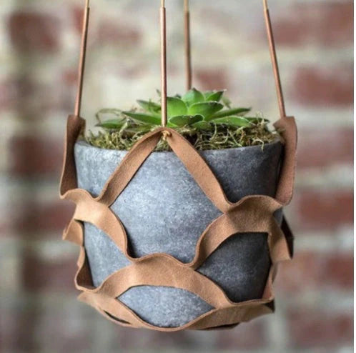 Handwoven leather hanger basket with macrame wall hanging for small plants