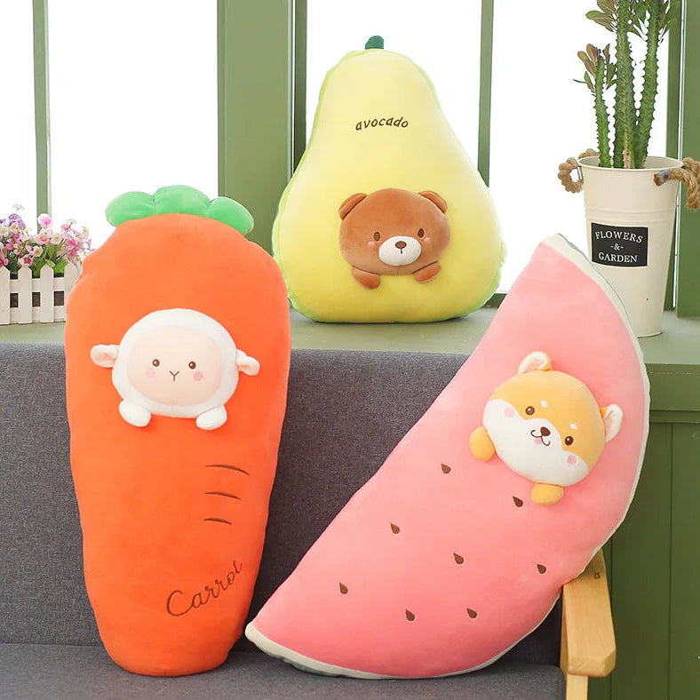 30cm plush cushion with fruit pattern options including banana, carrot, and watermelon designs