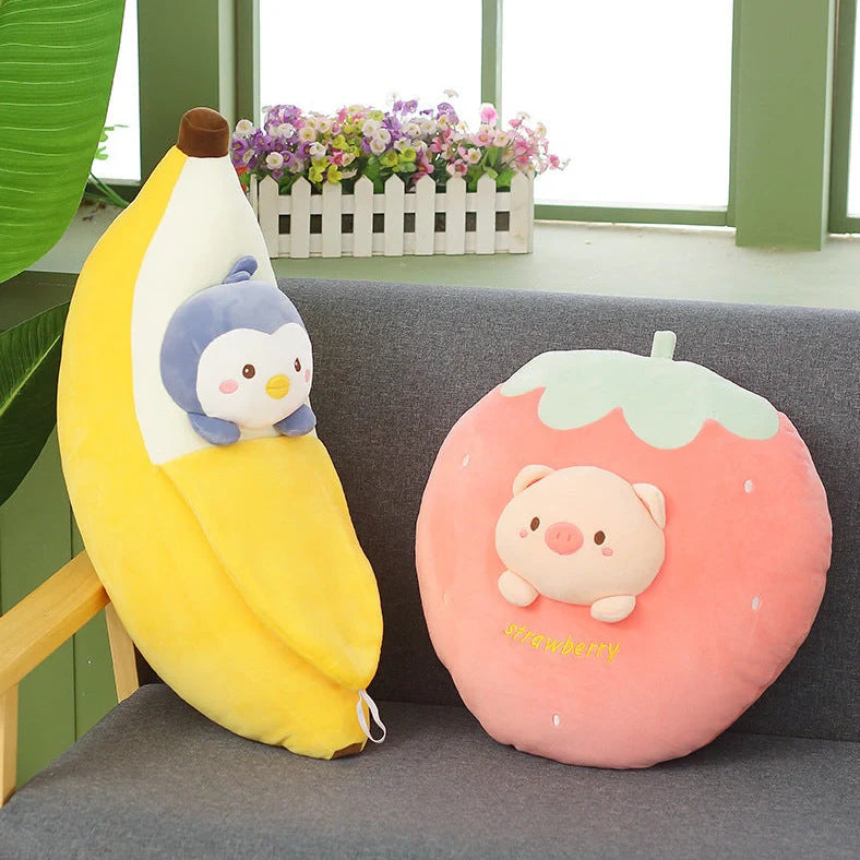 30cm plush cushion with fruit pattern options including banana, carrot, and watermelon designs