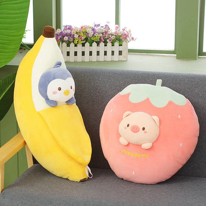 30cm plush cushion with fruit pattern options including banana, carrot, and watermelon designs