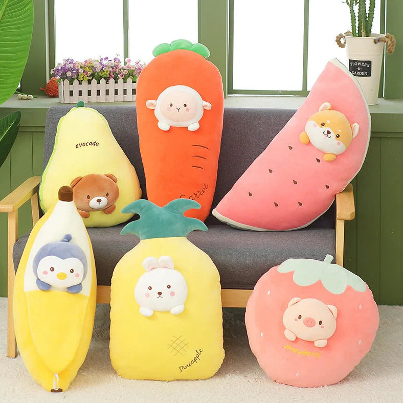 30cm plush cushion with fruit pattern options including banana, carrot, and watermelon designs
