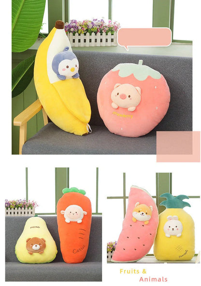30cm plush cushion with fruit pattern options including banana, carrot, and watermelon designs