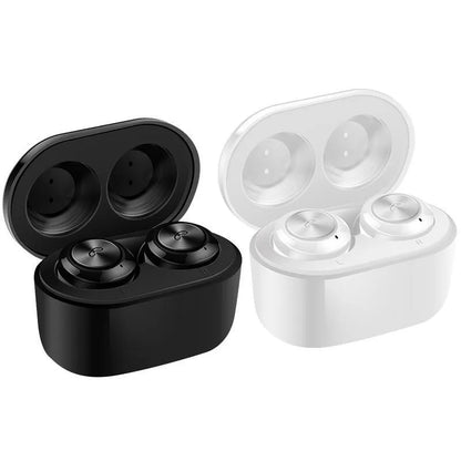 Black and white A6 true wireless Bluetooth 5.0 earbuds with charging case.