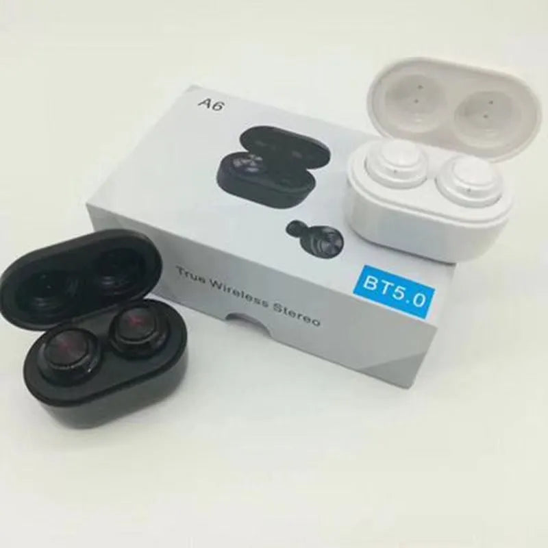 Black and white A6 true wireless Bluetooth 5.0 earbuds with charging case.