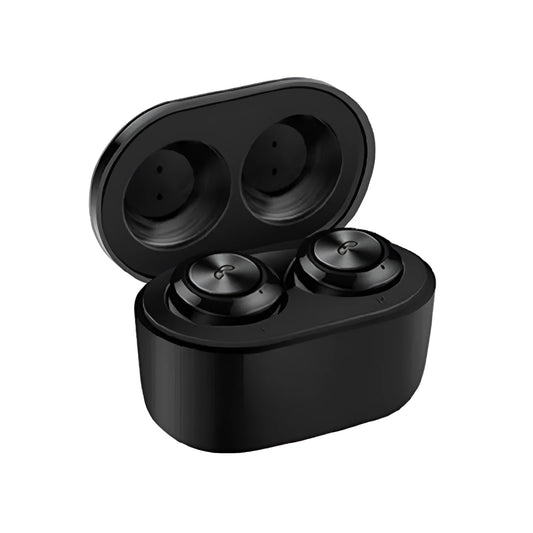 Black and white A6 true wireless Bluetooth 5.0 earbuds with charging case.
