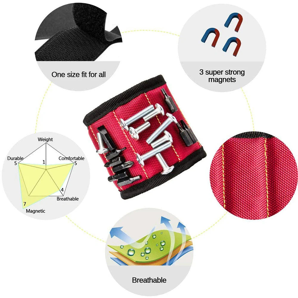 Powerful Magnetic Wristband in blue, black, and red holding tools securely
