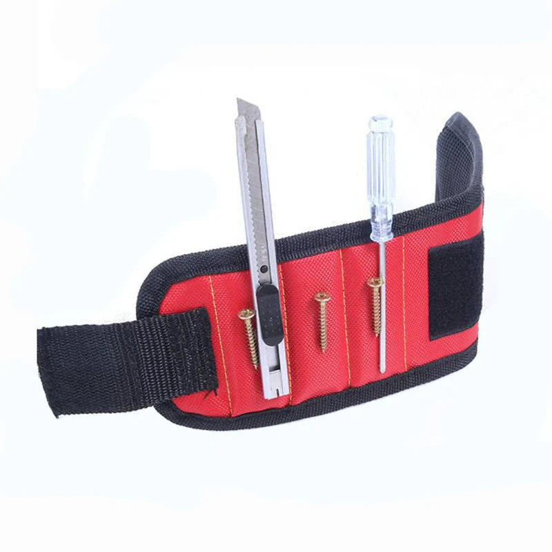 Powerful Magnetic Wristband in blue, black, and red holding tools securely