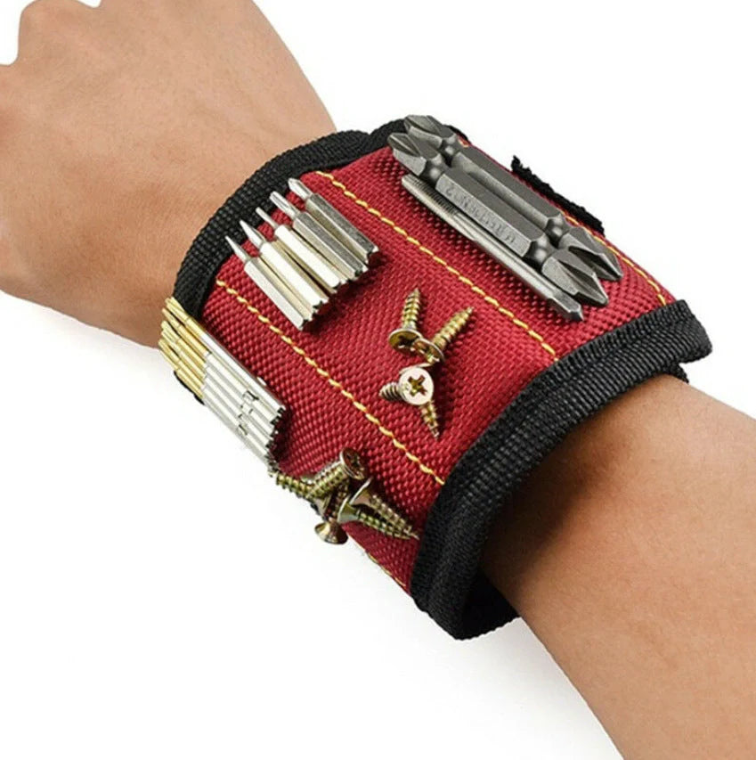 Powerful Magnetic Wristband in blue, black, and red holding tools securely