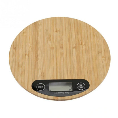 Bamboo electronic kitchen scale with 23x16cm platform showing measurement display