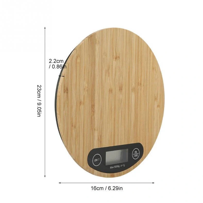 Bamboo electronic kitchen scale with 23x16cm platform showing measurement display
