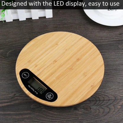 Bamboo electronic kitchen scale with 23x16cm platform showing measurement display