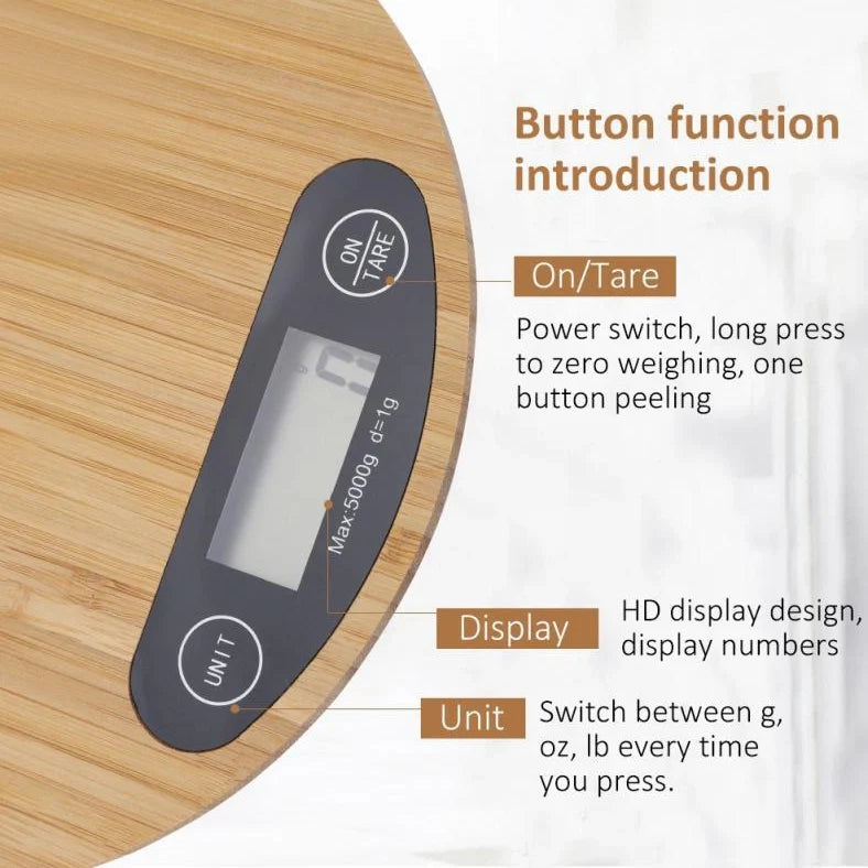 Bamboo electronic kitchen scale with 23x16cm platform showing measurement display
