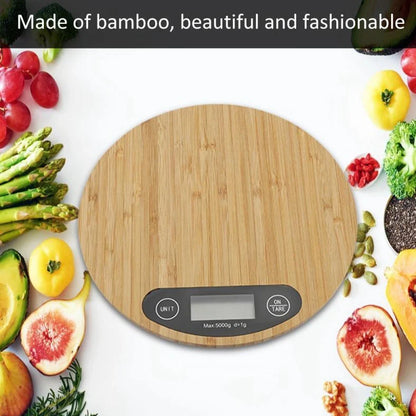 Bamboo electronic kitchen scale with 23x16cm platform showing measurement display