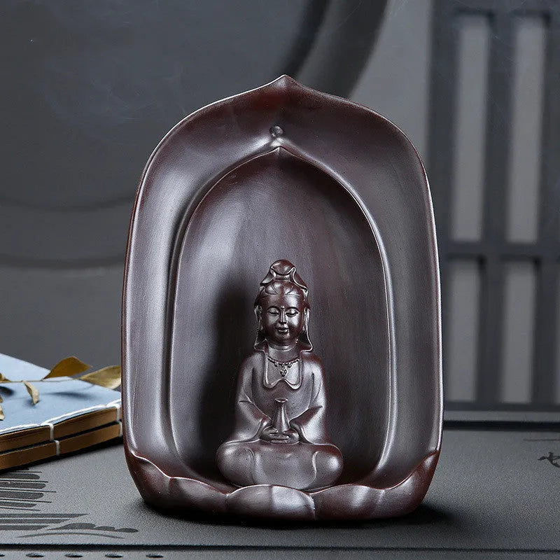 Ceramic Guanyin sitting lotus back flow incense burner for Buddha altar