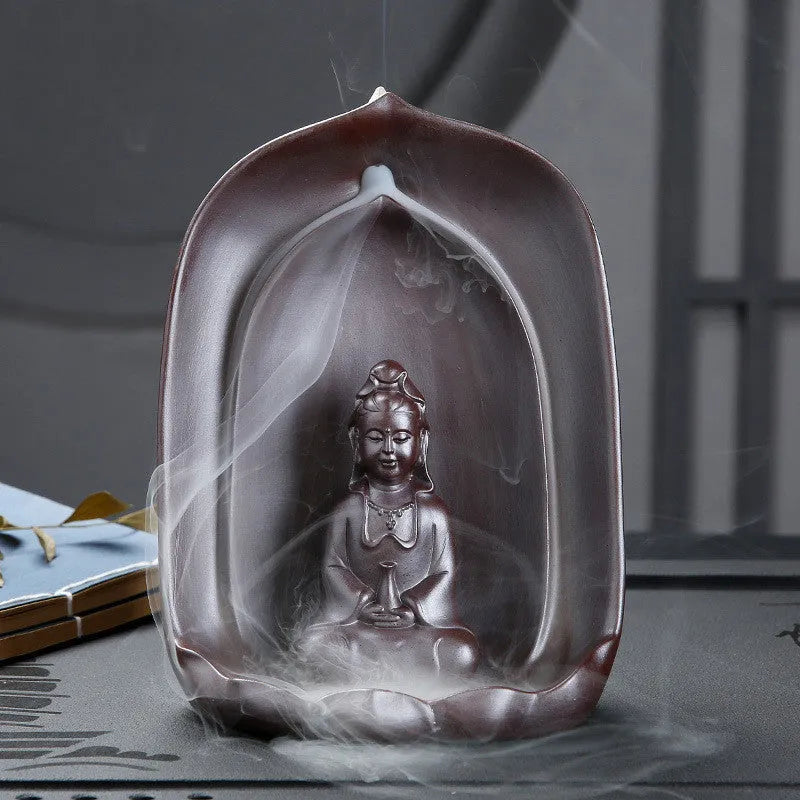 Ceramic Guanyin sitting lotus back flow incense burner for Buddha altar