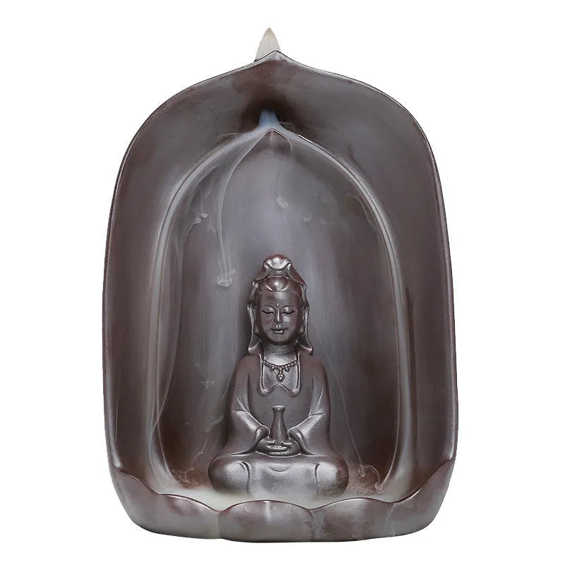 Back flow incense burner featuring a Guanyin sitting lotus statue crafted from ceramic materials with manual production techniques for Buddha altar decoration in homes and meditation spaces