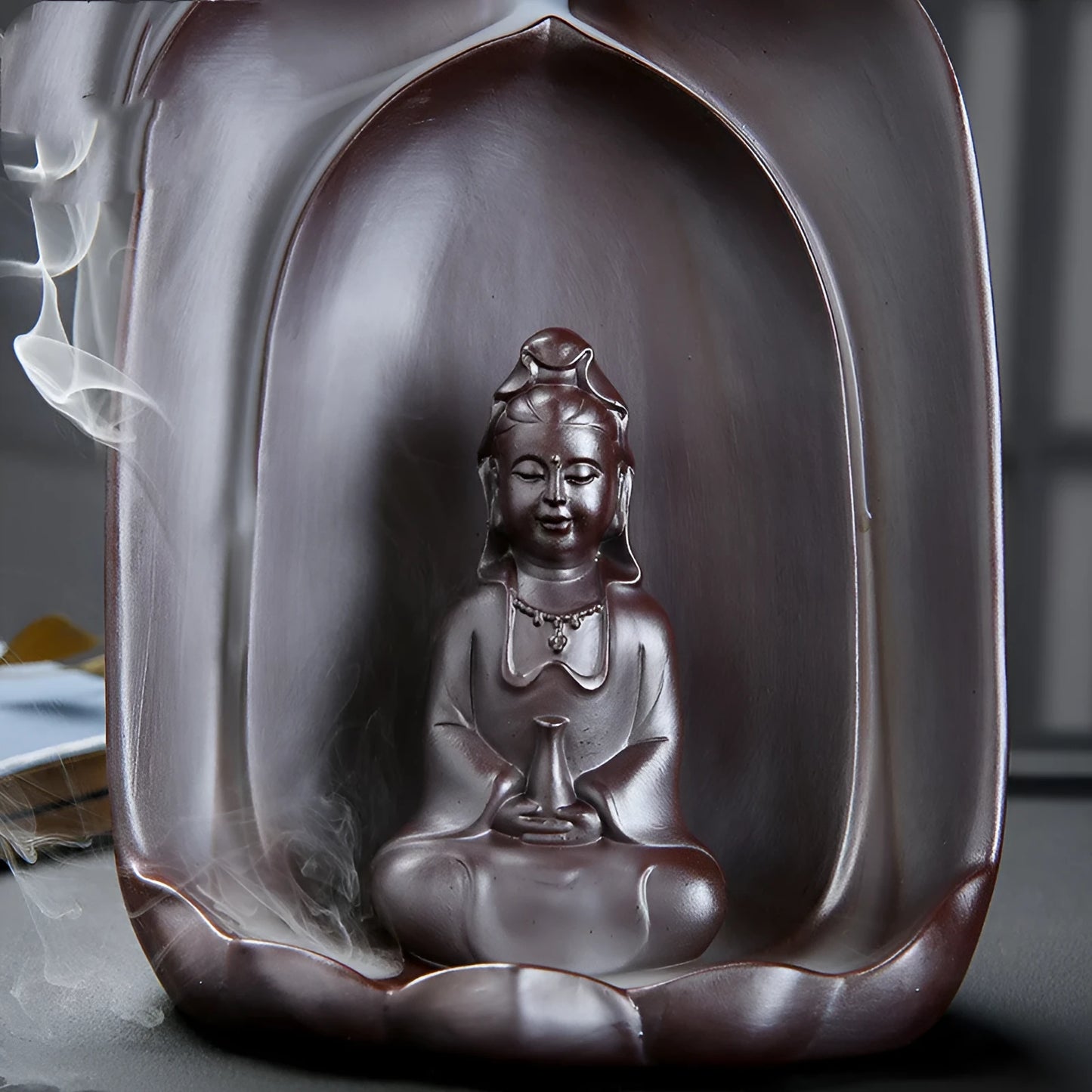 Ceramic Guanyin sitting lotus back flow incense burner for Buddha altar