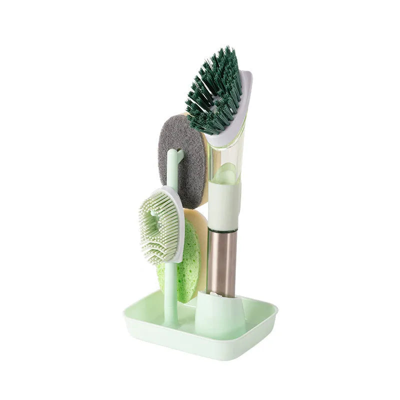 Long-handled kitchen cleaning brush with a soap dispenser button and a blue sponge head