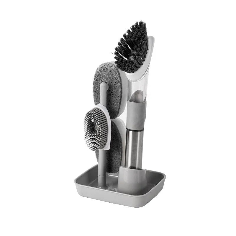 Long-handled kitchen cleaning brush with a soap dispenser button and a blue sponge head