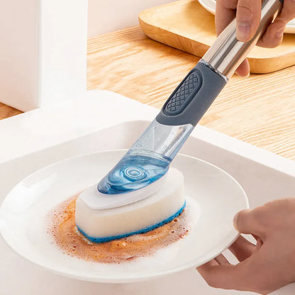 Long-handled kitchen cleaning brush with a soap dispenser button and a blue sponge head