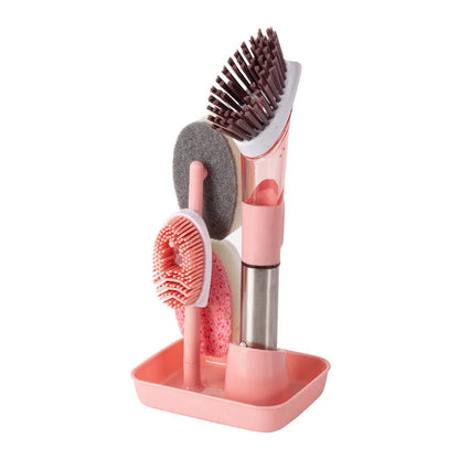 Long-handled kitchen cleaning brush with a soap dispenser button and a blue sponge head