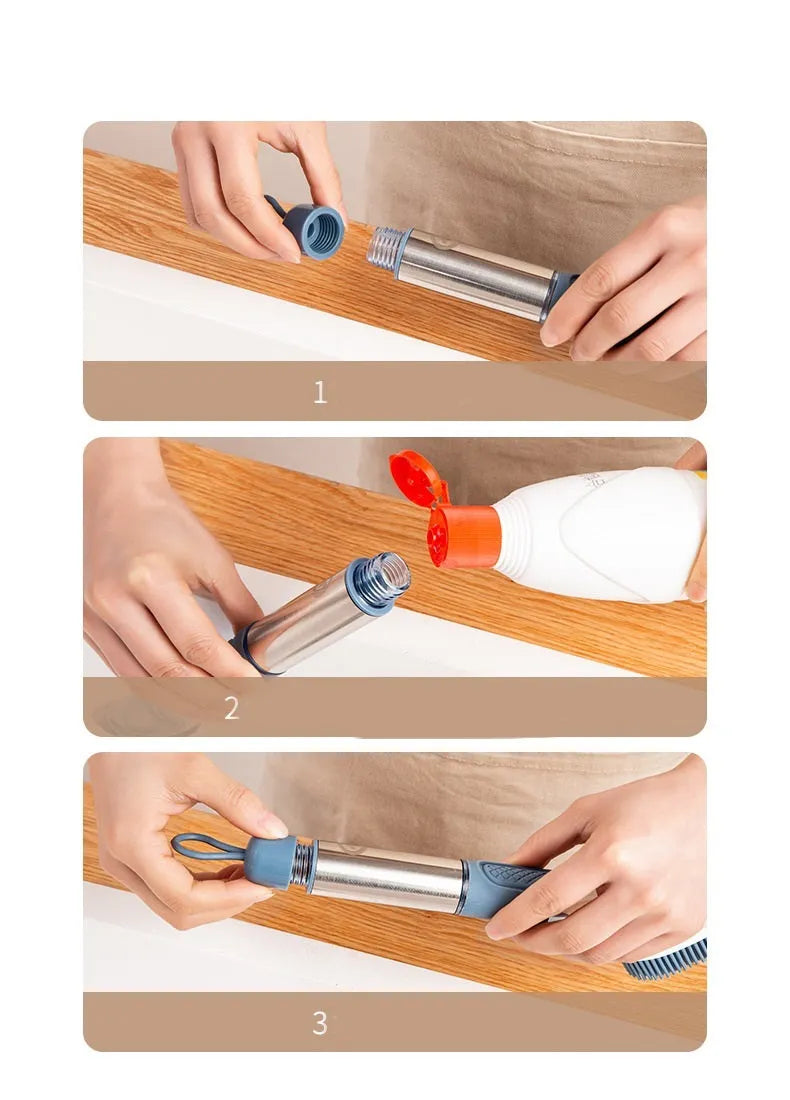 Long-handled kitchen cleaning brush with a soap dispenser button and a blue sponge head