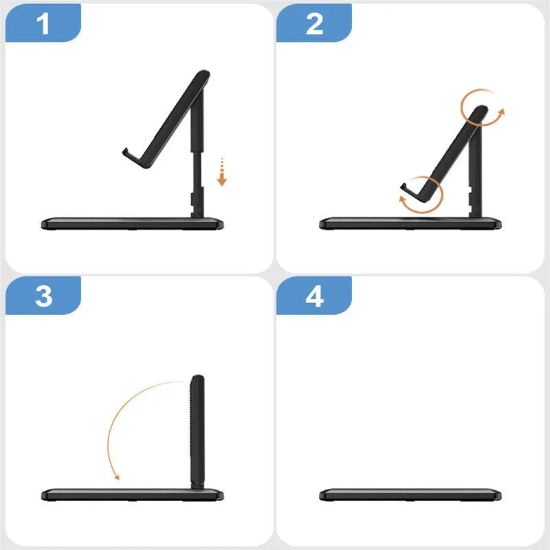 Retractable folding mobile phone stand in an adjusted position on a desktop, shown in one of four colour options.