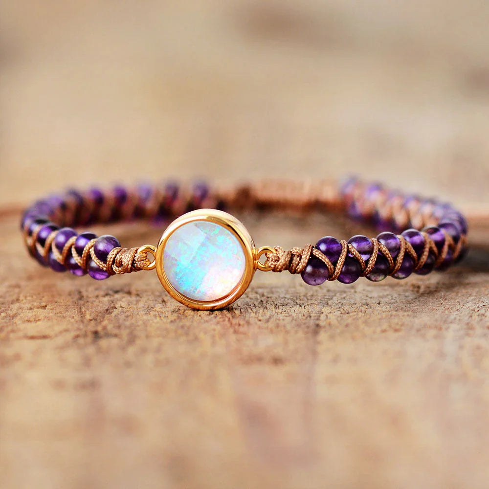 Elegant gemstone wrap bracelets in various colors, featuring amethyst, opal, and other natural stones
